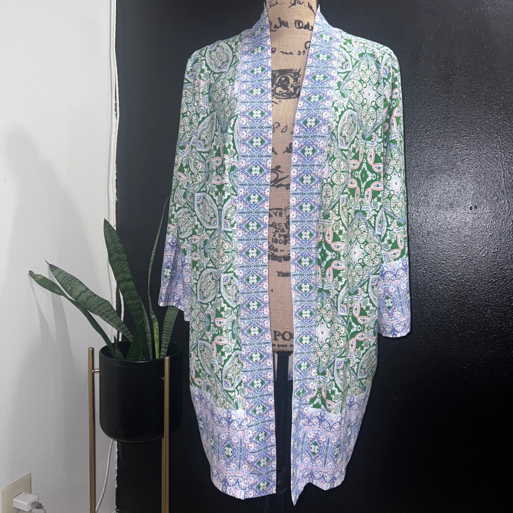 Isaac Mizrahi Live Green Paisley Medallion Open Front Cardigan Wrap 1X Boho